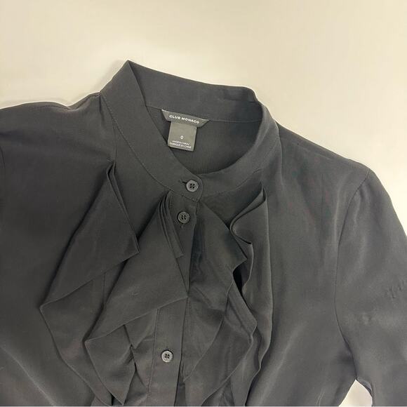 Club Monaco Black Silk Ruffle Shirt Dress - Size 0 - Picture 10 of 14